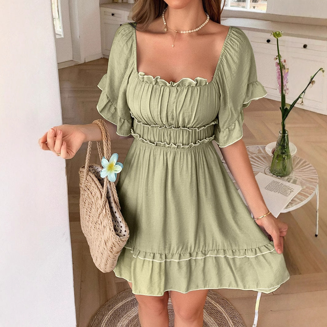 Seaside Chest-Wrap Dress with Relaxed Holiday Leisure Atmosphere Vibes-Green-Theone Apparel