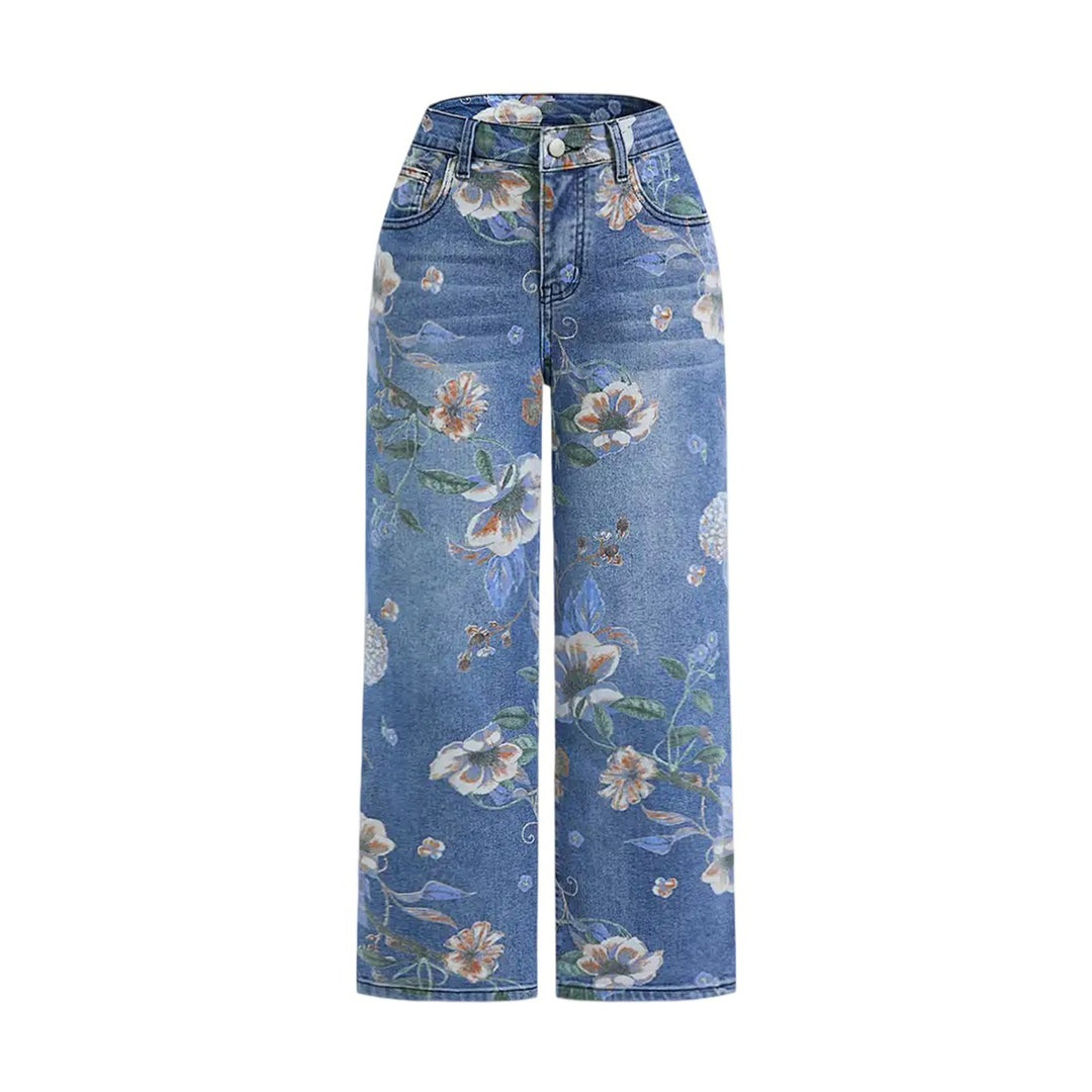 芸術的な才能のための季節の印刷されたストレートレッグデニムパンツ