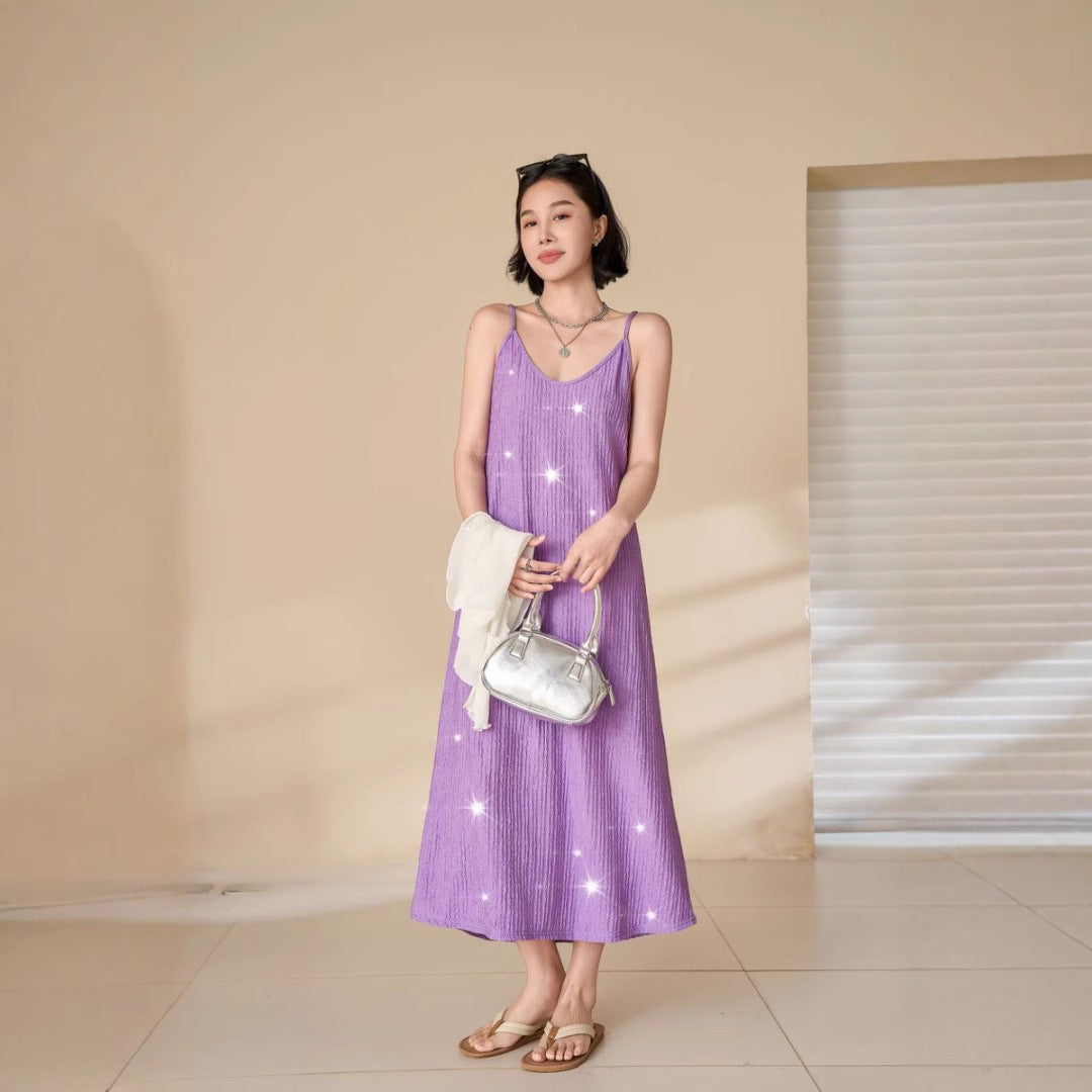 Sequin Pleated Cami Dress with Elegant Temperament Silhouette-Purple-Theone Apparel