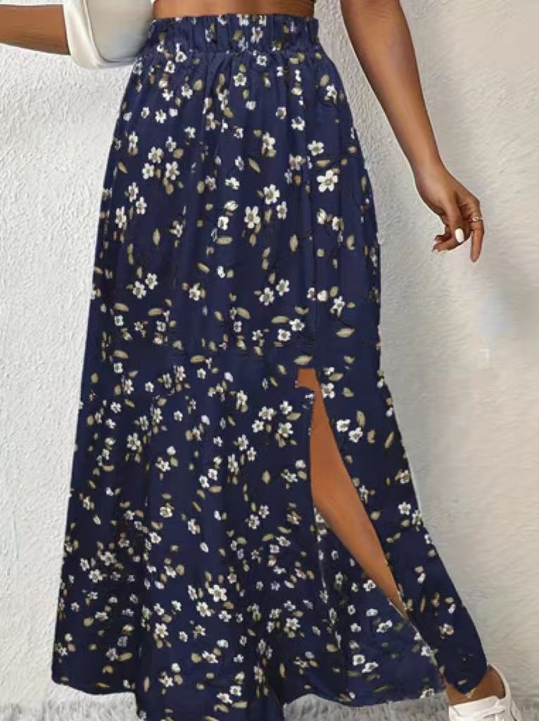 Side Slit Printed Skirt For Fashionable Everyday Wear-Navy Blue-Theone Apparel