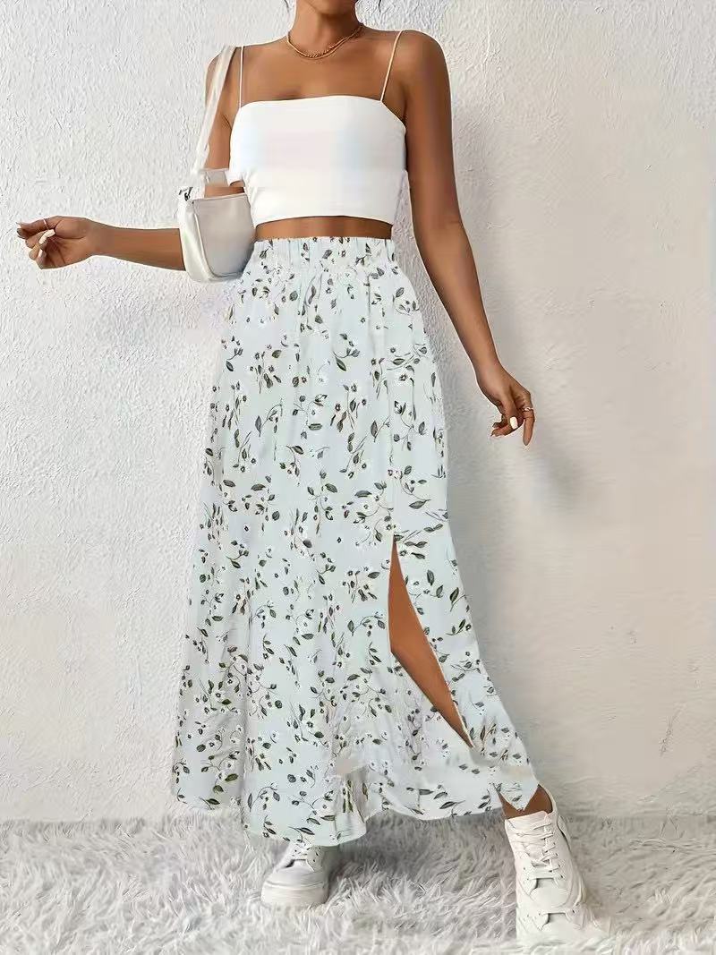 Side Slit Printed Skirt For Fashionable Everyday Wear-Light Blue-Theone Apparel