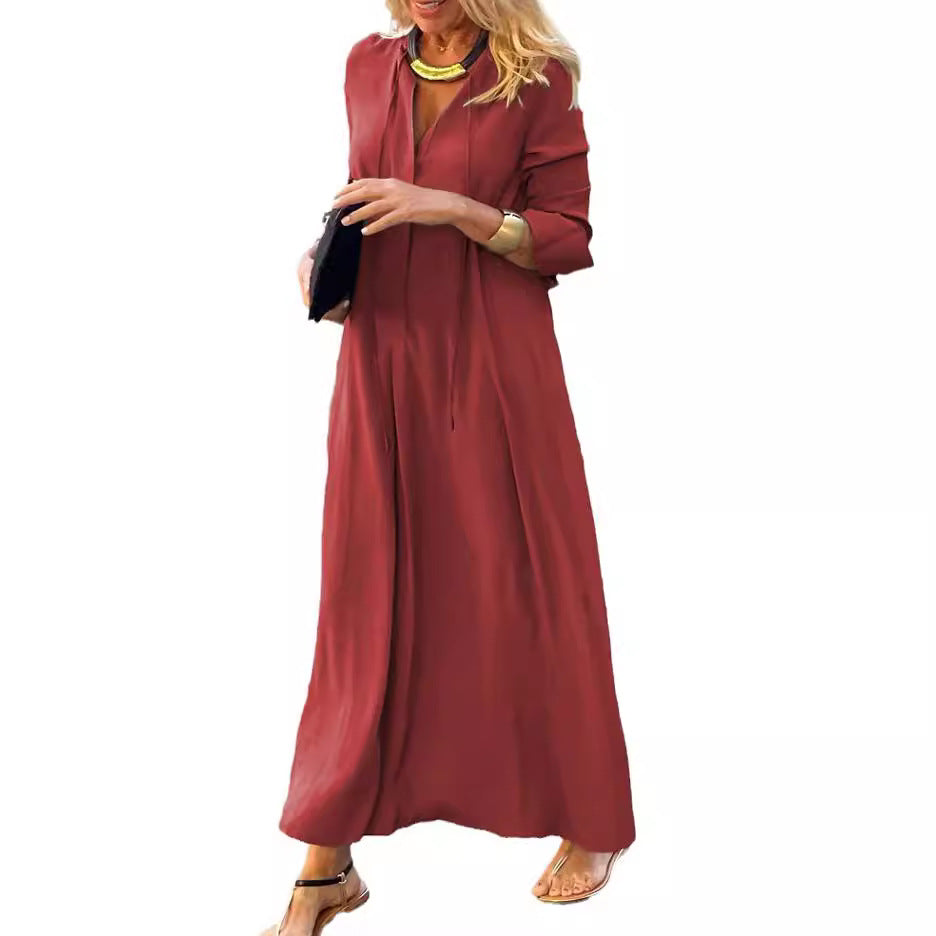 Simple V-Neck Long-Sleeve Dress in Solid Casual Comfort-Theone Apparel