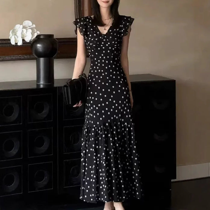 Sleek Black Polka Dot Dress with French-Inspired Slim Fit