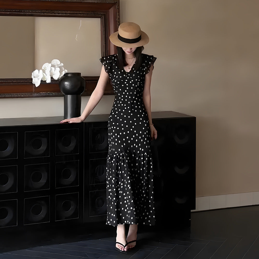 Sleek Black Polka Dot Dress with French-Inspired Slim Fit