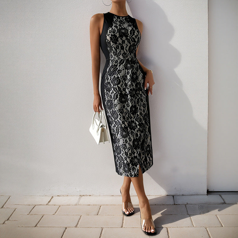 Sleek High-Waist Printed Sleeveless Dress with Flattering Effortless Elegance-Theone Apparel