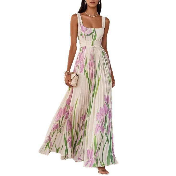 Sleeveless Pleated Printed Dress for Polished Formal Evening Affairs