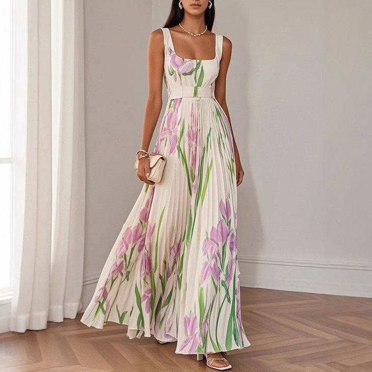 Sleeveless Pleated Printed Dress for Polished Formal Evening Affairs