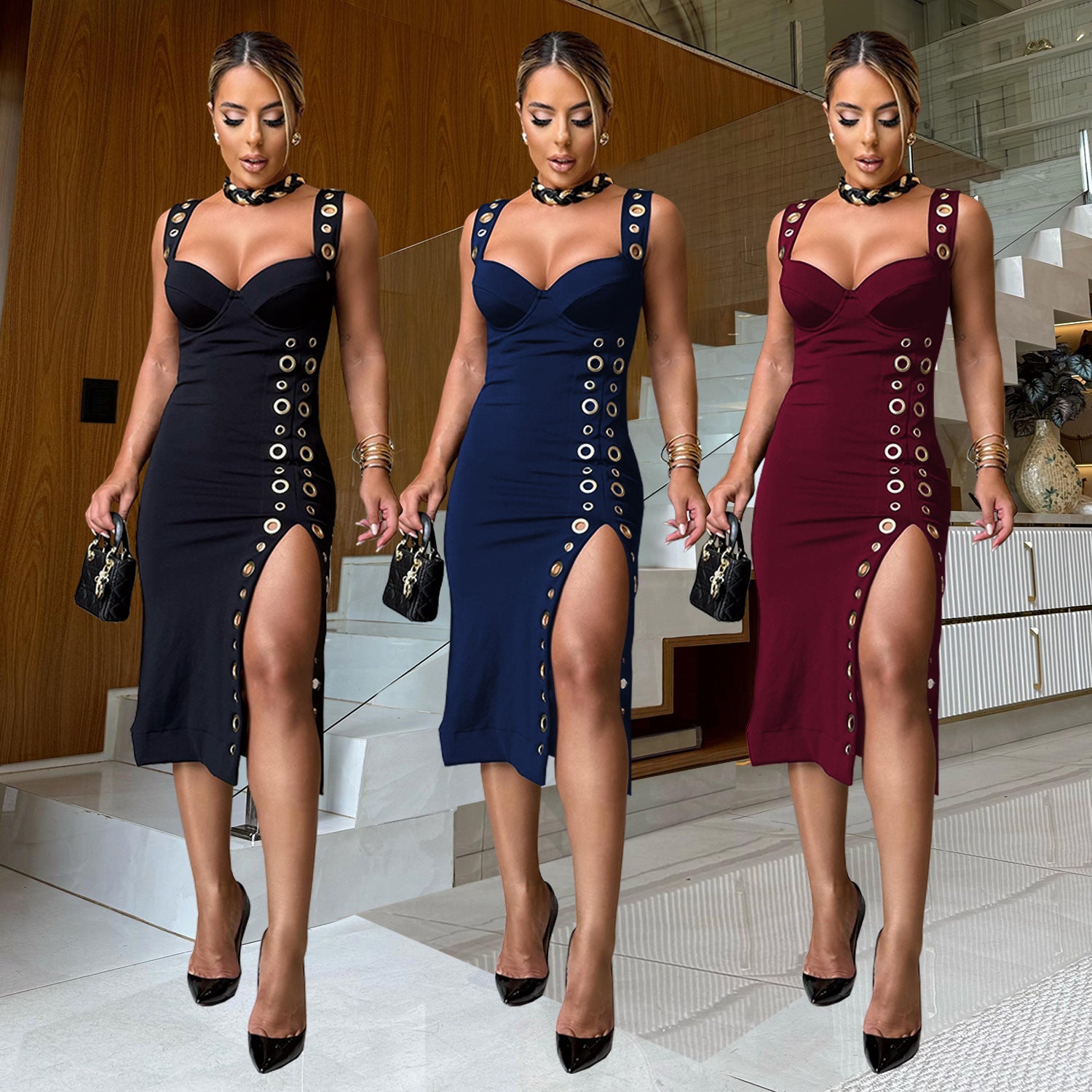 Slim-Fit Decoratively Buttoned Bodycon Dress for Evening Glamour