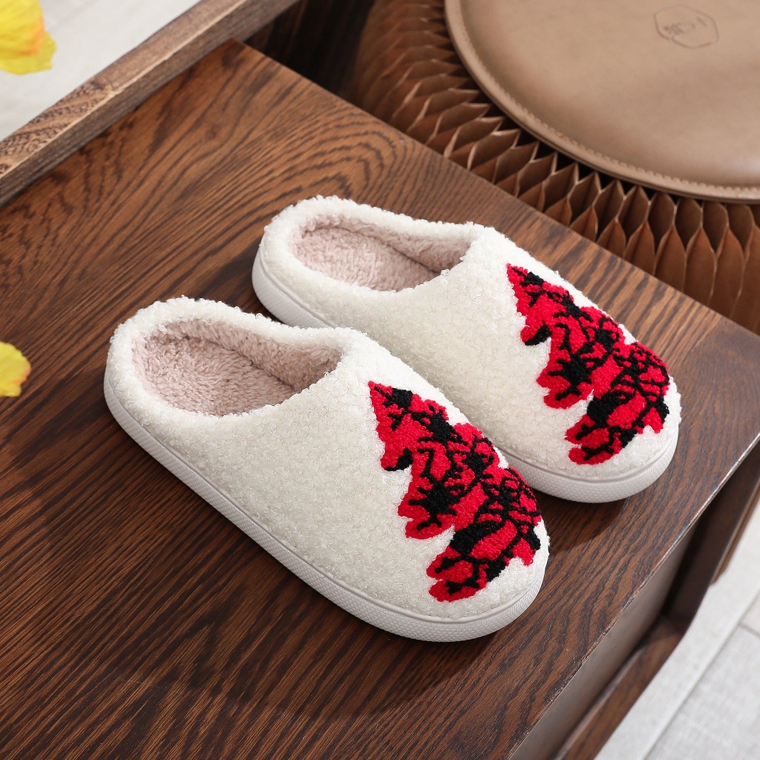 Soft Fleece Lined House Slippers with Red and Black Christmas Trees-Theone Apparel