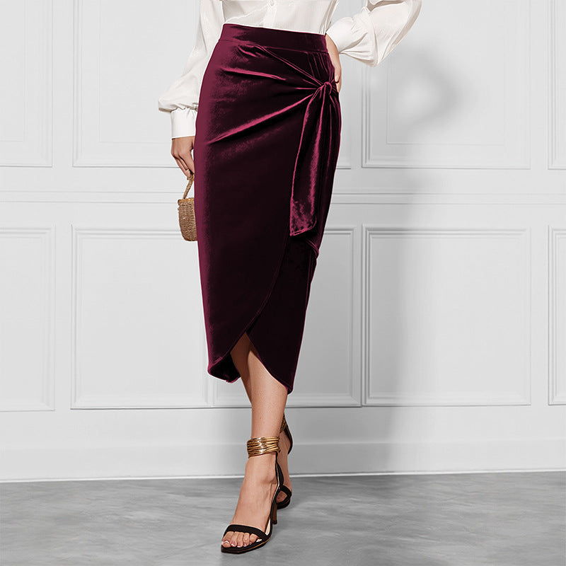 Solid Color Twisted Velvet Dress With Elegant Split-Maroon-Theone Apparel