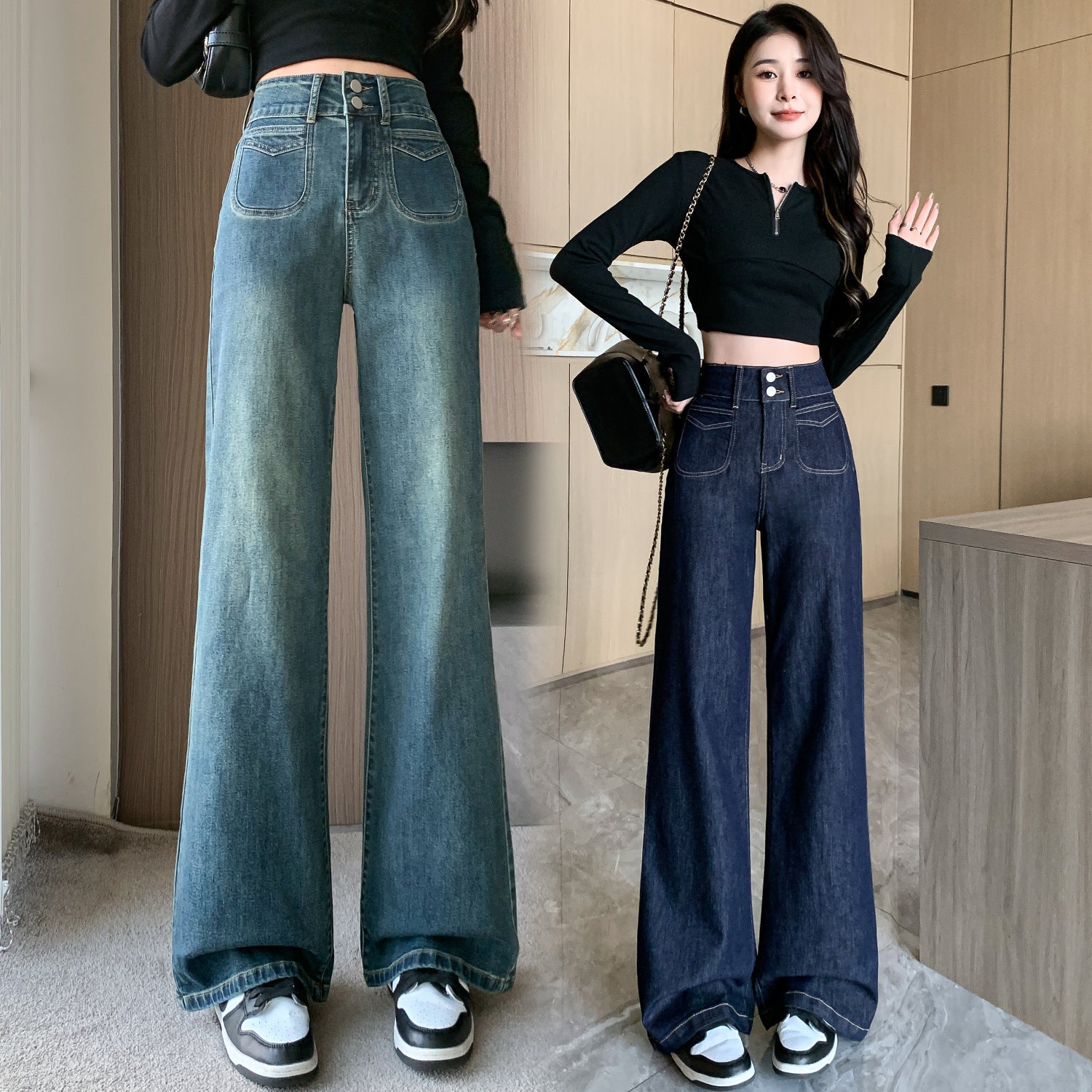 春/秋のレトロワイドレッグジーンズが小さなハイウエストカット