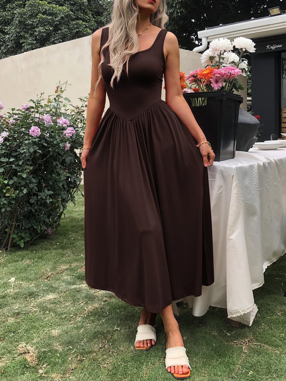 Square Collar Pleated Dress with Modern Sling Silhouette-Brown-Theone Apparel