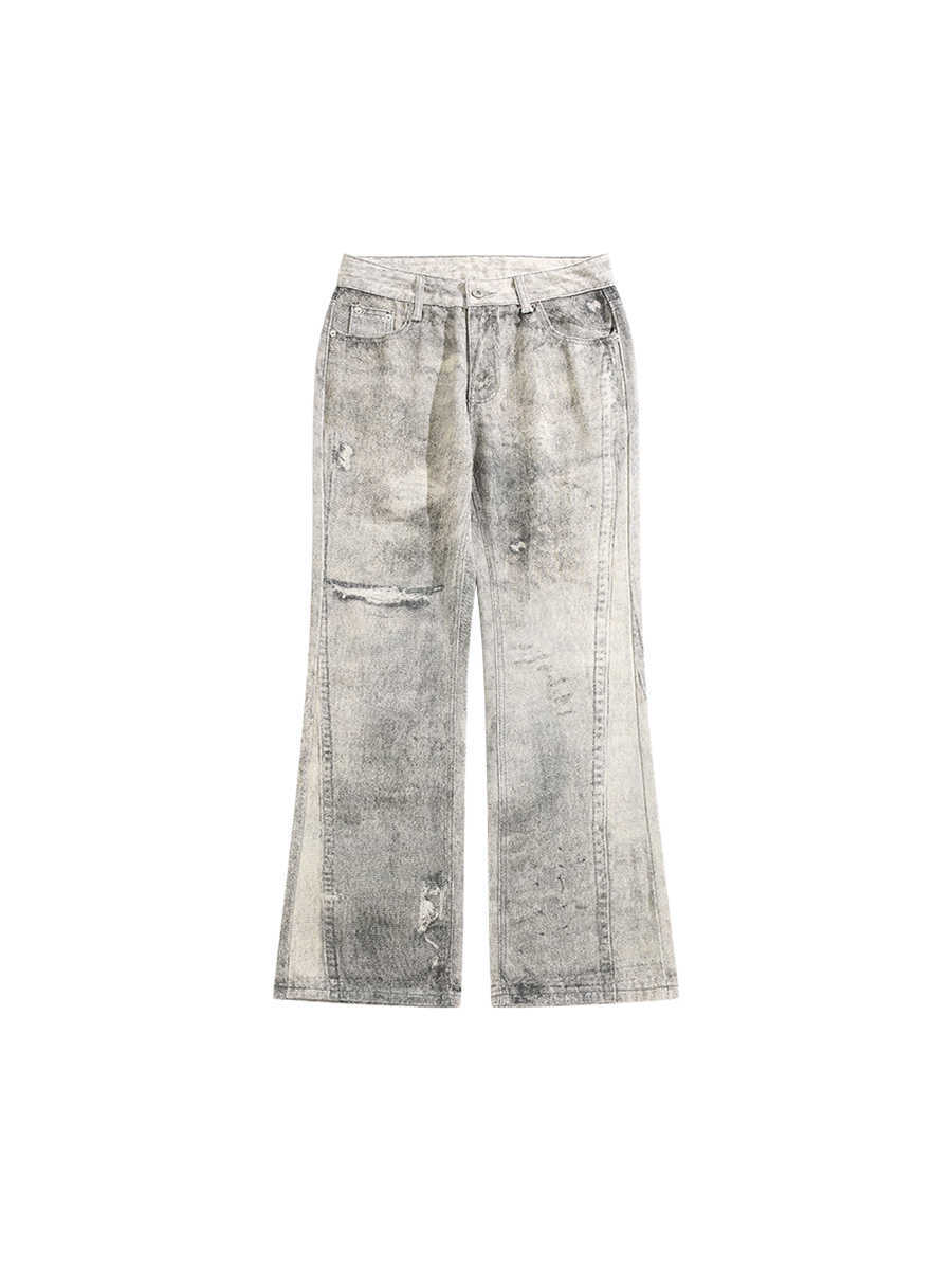 Tie-Dyed Worn Jeans with Slight Mop Hem and Vintage Holes-Theone Apparel