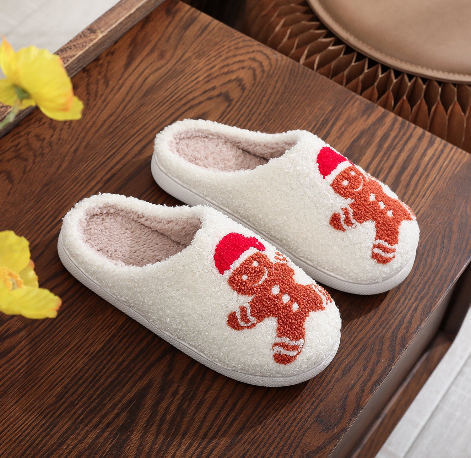 Ultra Soft Fleece Closed Toe Slip On Gingerbread House Shoes-Gingerbread Man-Theone Apparel