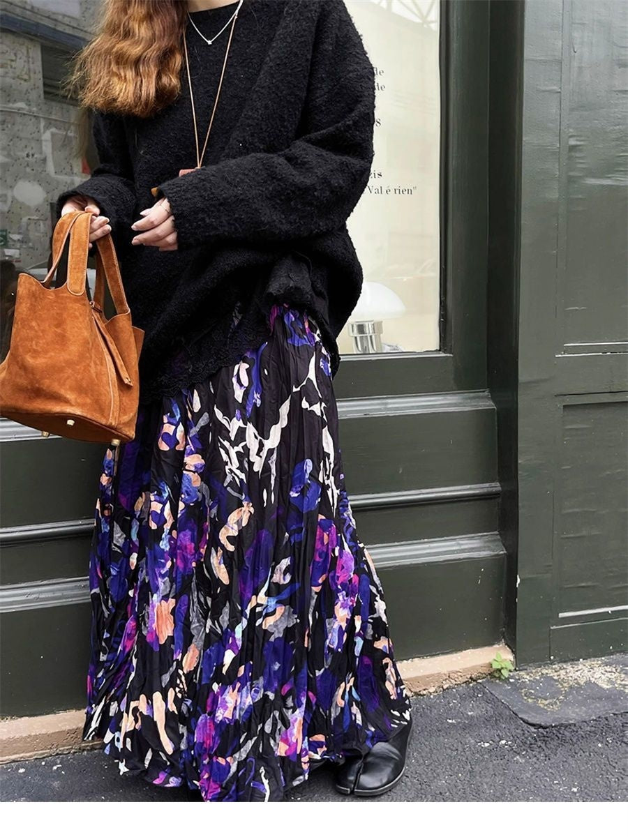 Vintage Crumpled Floral Skirt For Unique Everyday Style-Theone Apparel