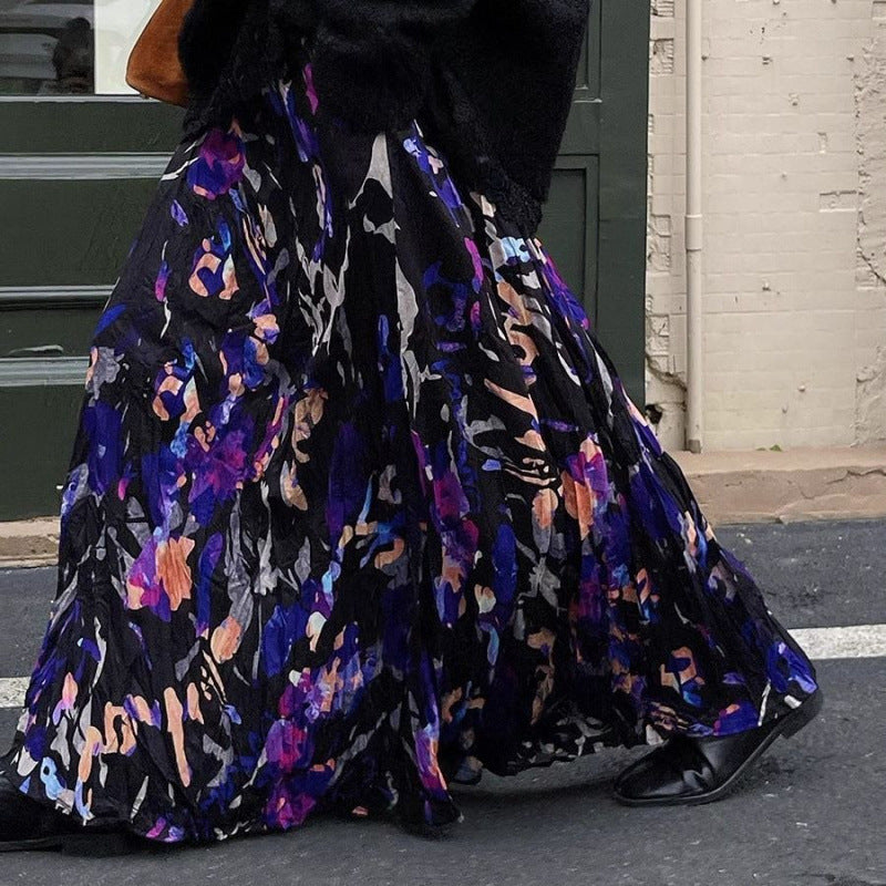 Vintage Crumpled Floral Skirt For Unique Everyday Style-Black and Purple Flowers-Theone Apparel