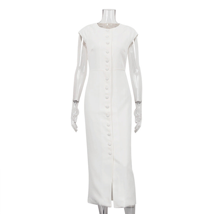 White Sheath Dress with Flying Sleeves and Single-Breasted Waist