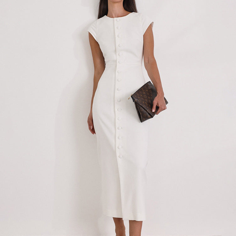 White Sheath Dress with Flying Sleeves and Single-Breasted Waist