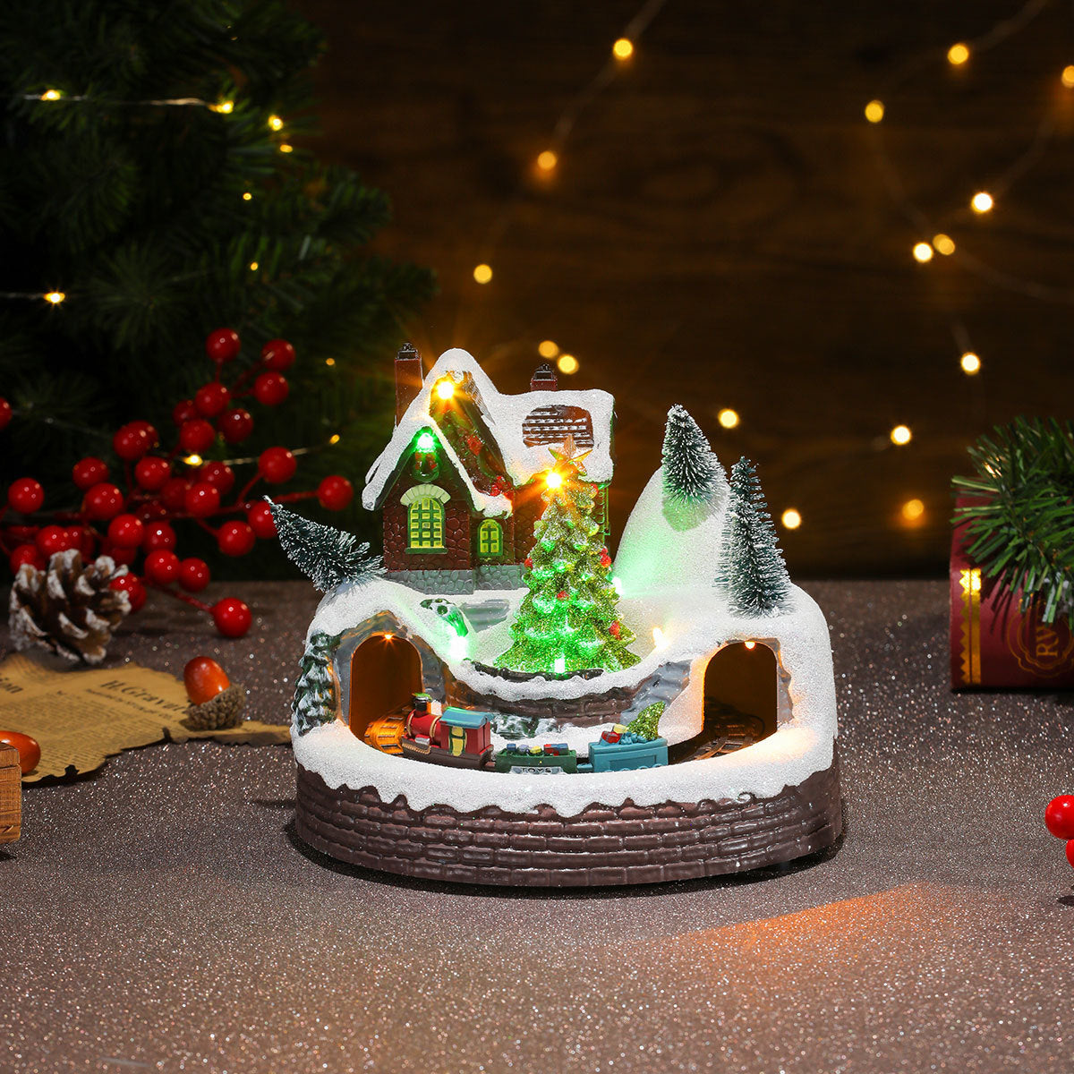 Wintry Village with Moving Train and LED Light Designs-Round Bottom Christmas Tree-Theone Apparel