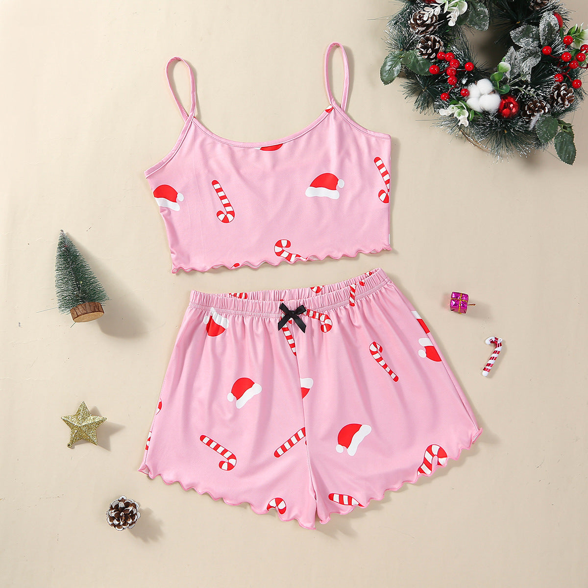 Women's Adorable Two Piece Christmas Pajama Crop Top and Shorts Set-Pink-Theone Apparel