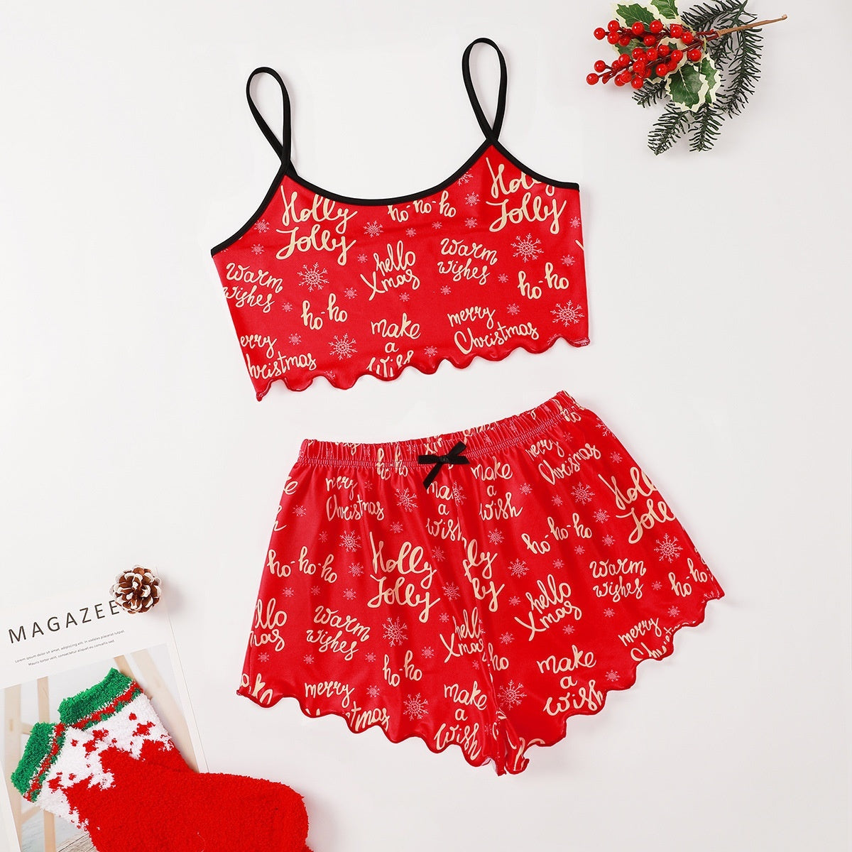 Women's Adorable Two Piece Christmas Pajama Crop Top and Shorts Set-Christmas Red-Theone Apparel