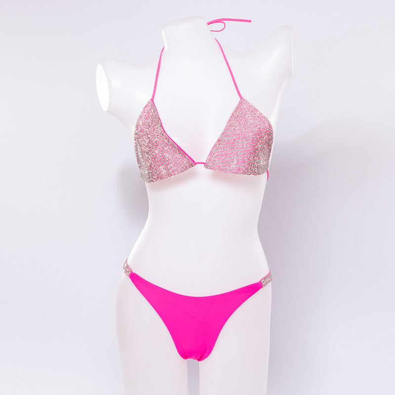 Women's Glamorous Two Piece String Bikini with Silver Top-Rose Red-Theone Apparel