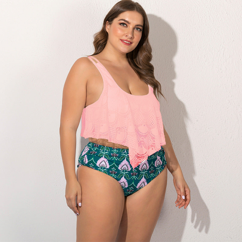 Women's High Waist Plus Six Bikini with Lacy Top-Pink-Theone Apparel