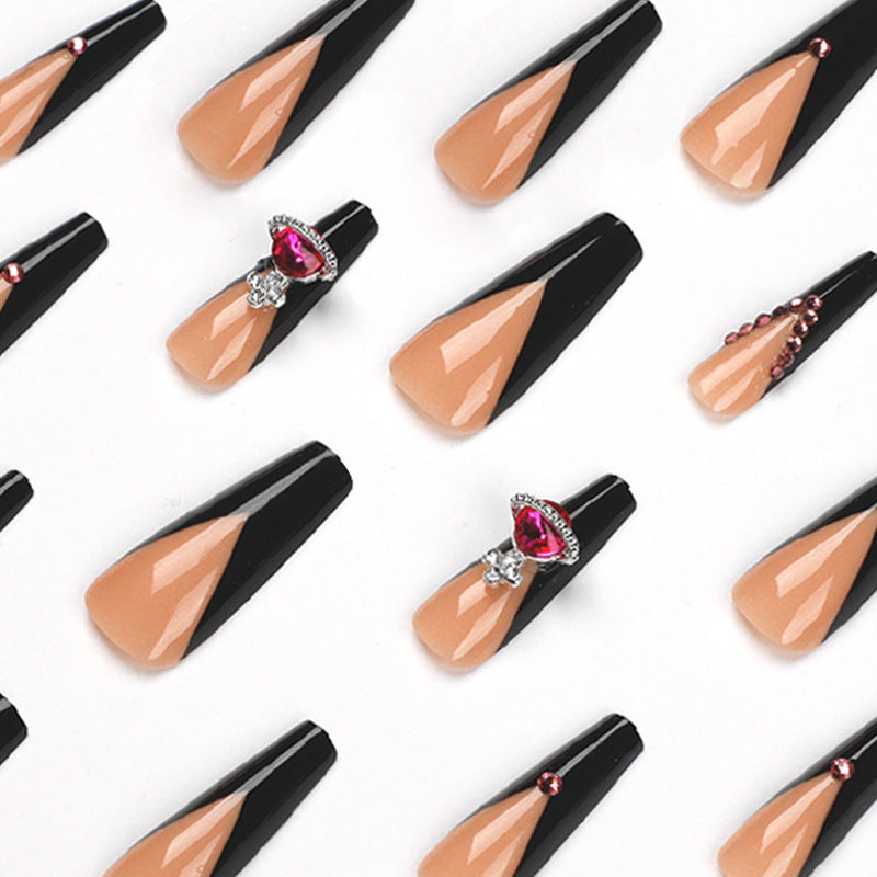 Women's Long French Nail Casket Shaped Nail Set with Rhinestones-Theone Apparel