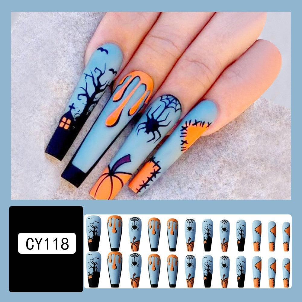 Women's Long Halloween Themed Coffin Nail Set in Blue and Orange-Theone Apparel