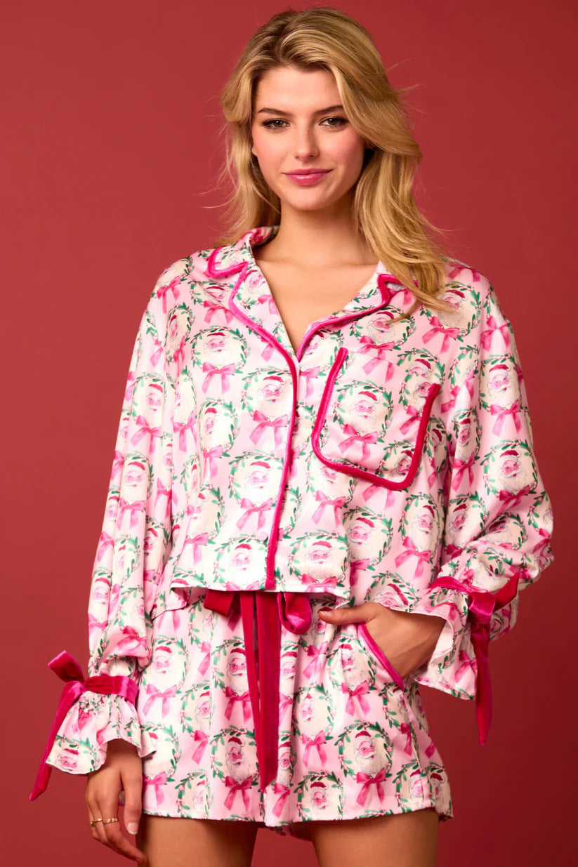 Women's Long Sleeve and Shorts Silky Christmas Pajamas-Rose Red Santa Claus-Theone Apparel