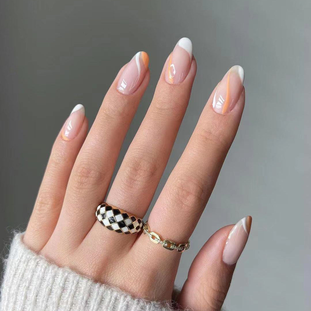 Women's Nude Almond Nail Set with Black Accent Details-Color 1-Theone Apparel