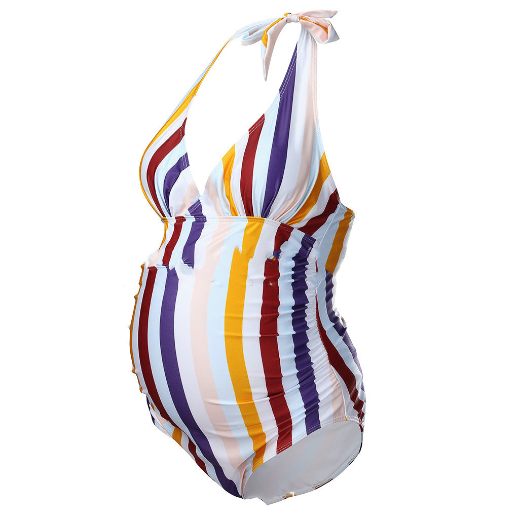 Women's One Piece Maternity Swimsuit with Multicolor Stripes-Theone Apparel