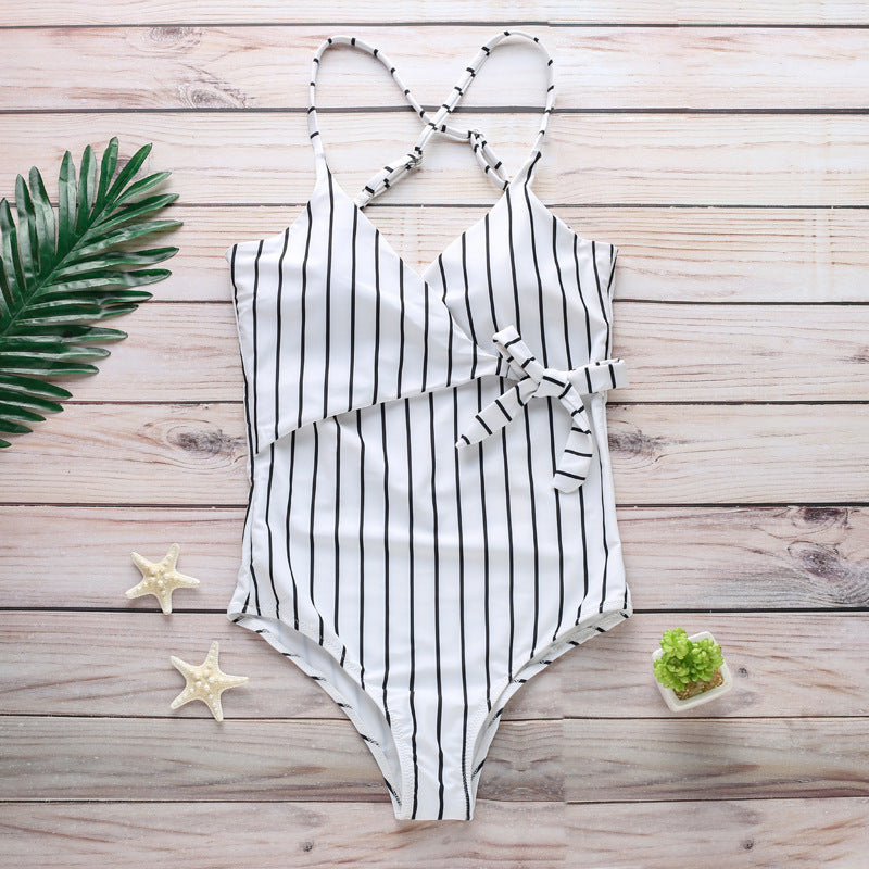 Women's One Piece Nautical Backless Pinstripe Swimsuit-Theone Apparel