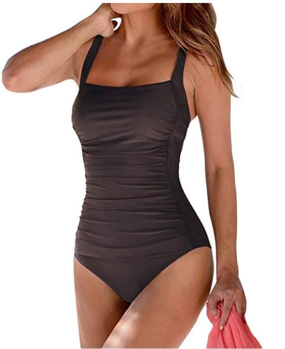 Women's One Piece Solid Color Square Neckline Swimsuit-Brown-Theone Apparel