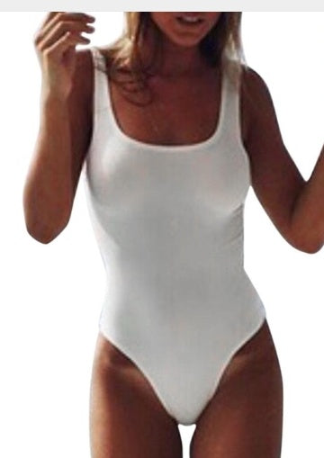 Women's One Piece Solid Color Swimsuit with U-Neck-White-Theone Apparel