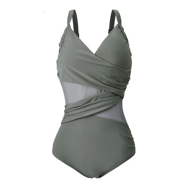 Women's One Piece Swimsuit with Sheer Midriff-Grey-Theone Apparel