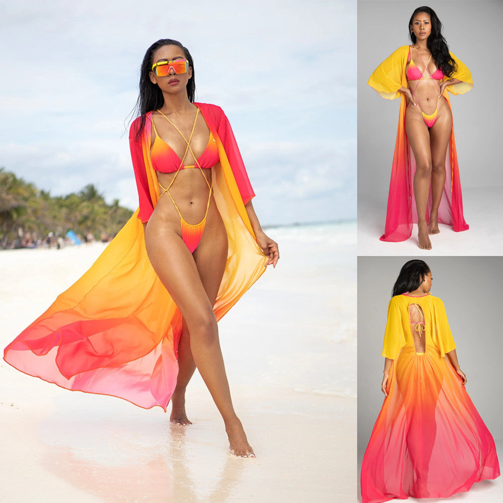 Women's Three Piece String Bikini Set with Duster Swimsup Cover-Theone Apparel