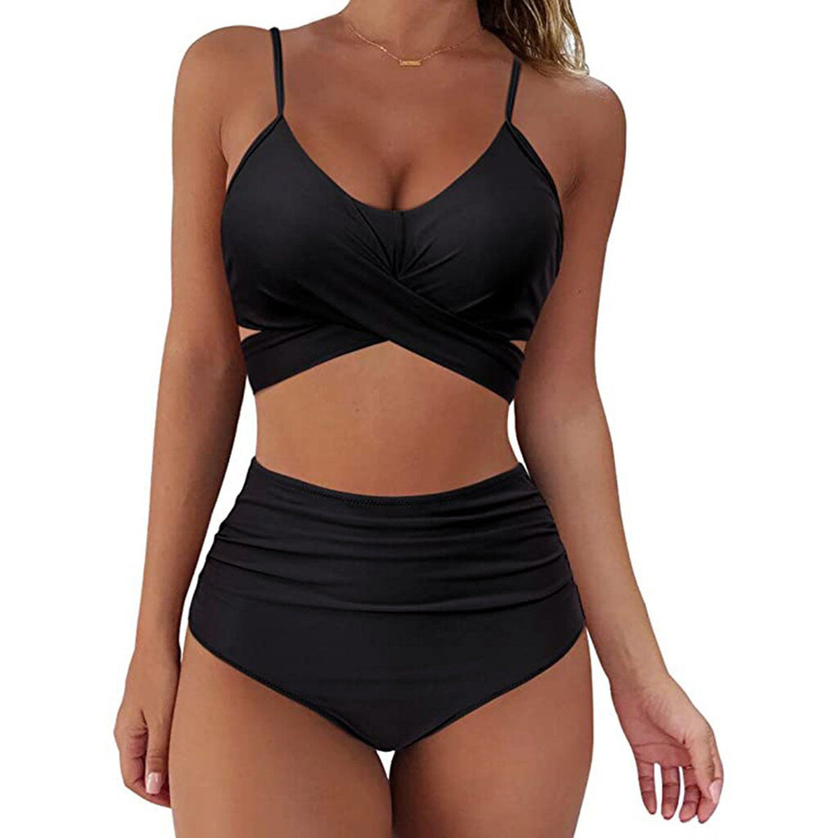 Women's Two Piece Bikini With High Waist Animal Print Bottoms-Pure black-Theone Apparel