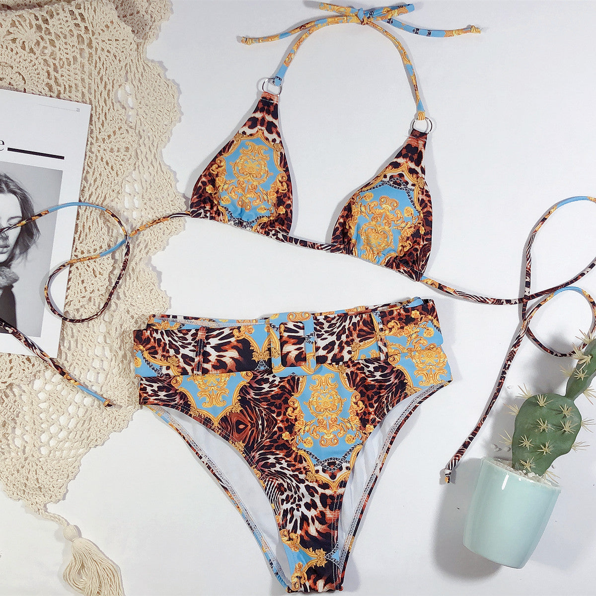 Women's Two Piece Bikini with Belt Buckle and Waist Straps-Theone Apparel