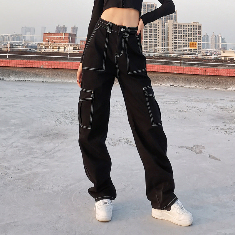 Workwear-Inspired Multi-Pocket High-Waist Straight Jeans-Black/White-Theone Apparel