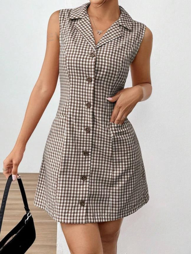 Chic French Plaid Lapel Dress with Vintage Retro Allure