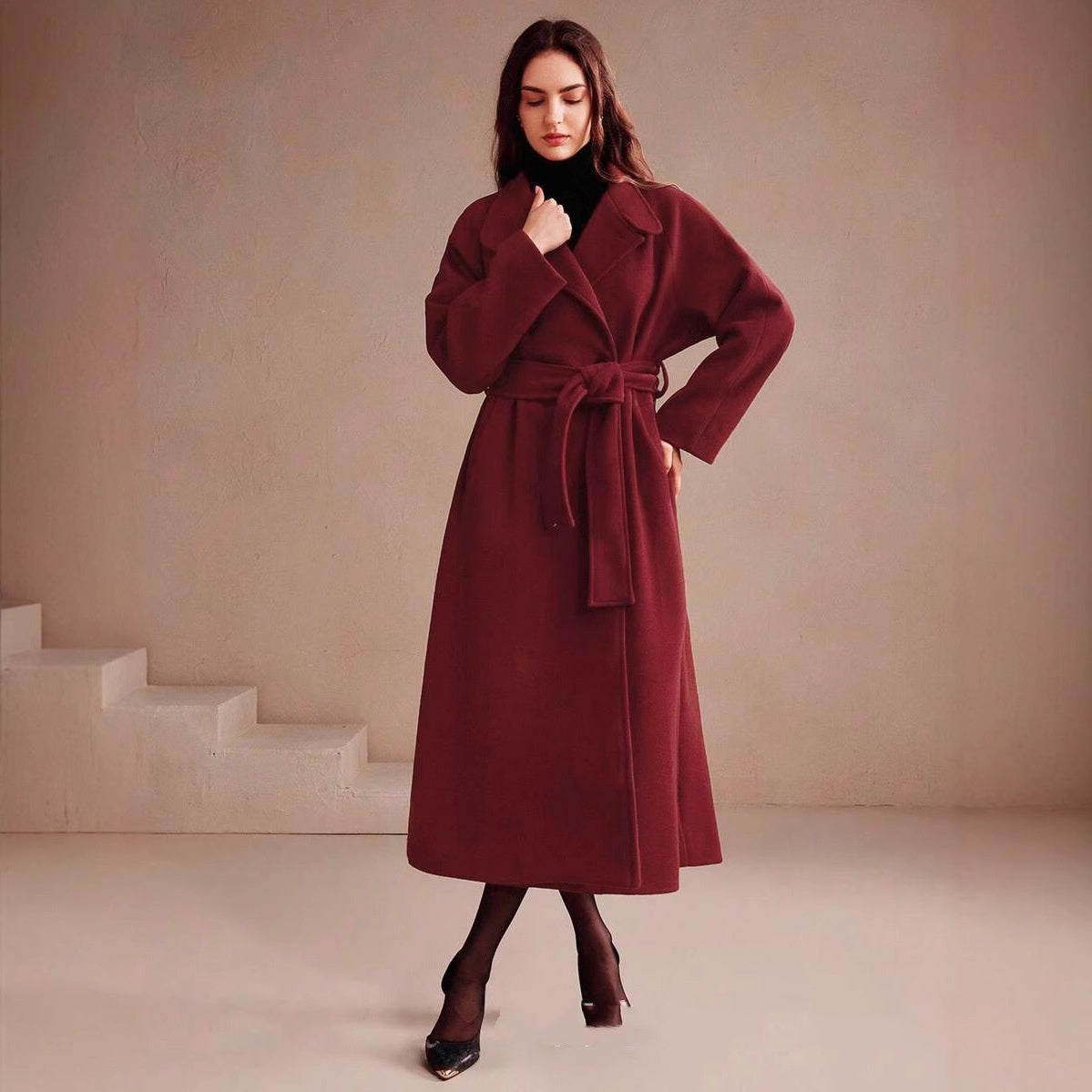 Women's Double-breasted Long Wool Coat With Suit Collar