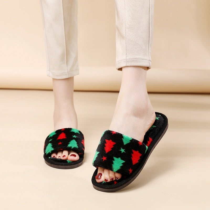 Multicolor Christmas Themed Fleece Open Toed House Shoes