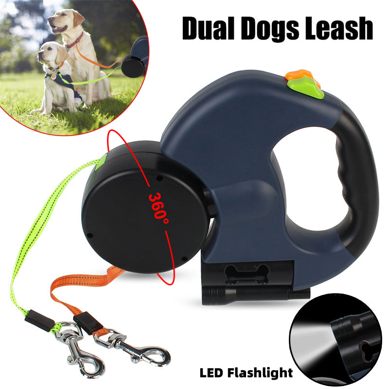 Retractable Reflective Dual Dog Leash With LED Lights