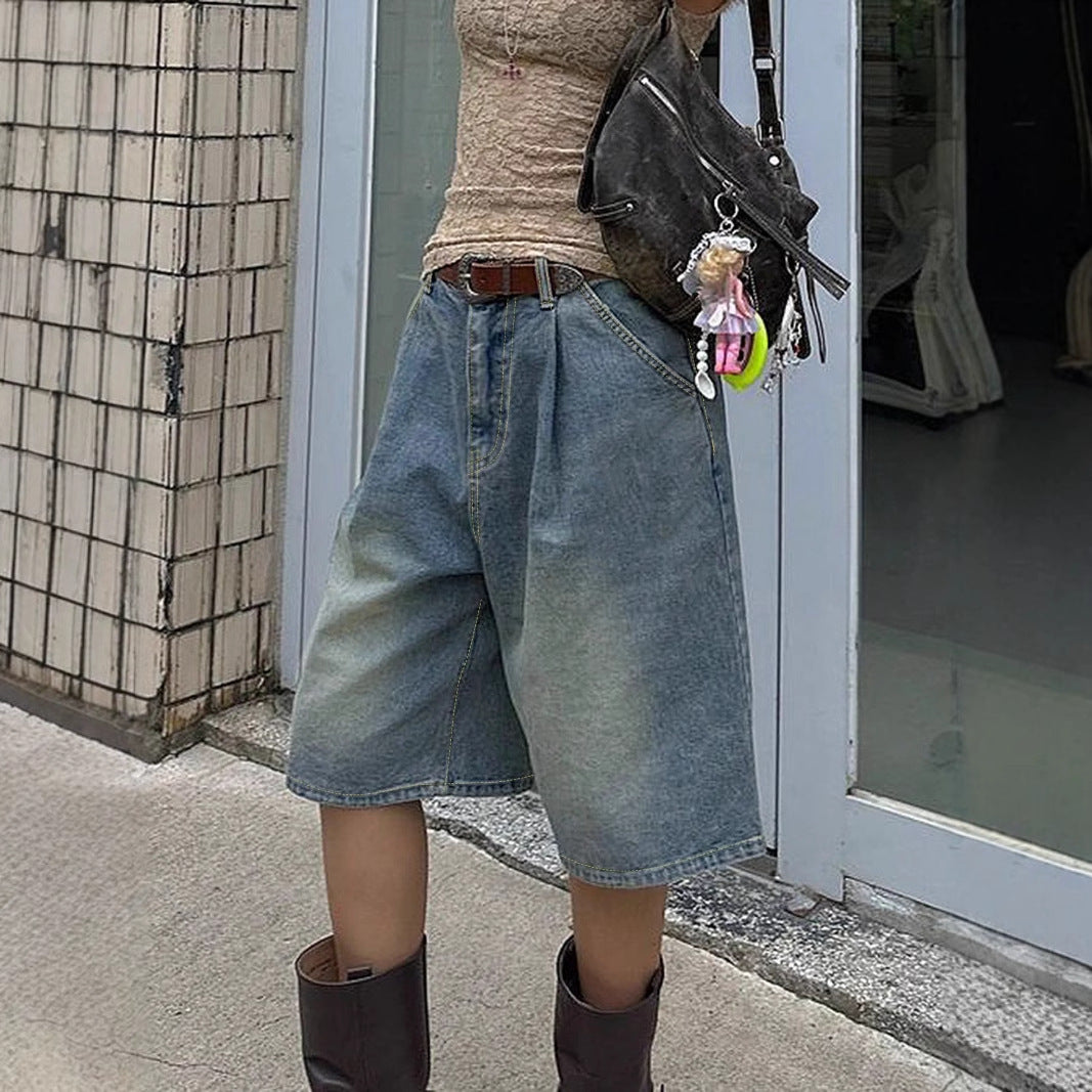 Pantaloncini di jeans a gamba larga retrò con fascino sciolto