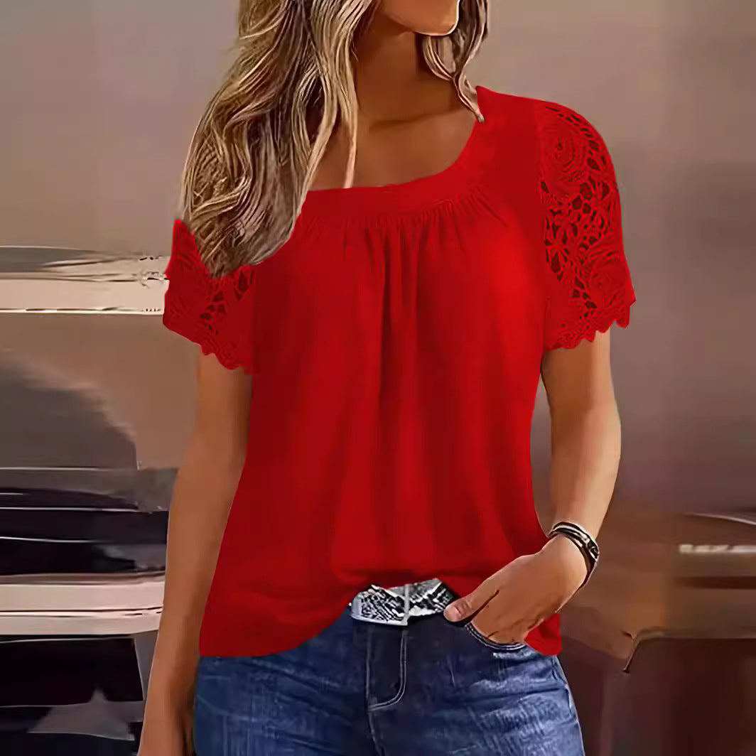 Fashionable Casual Round-neck Short-sleeve Lace T-shirt