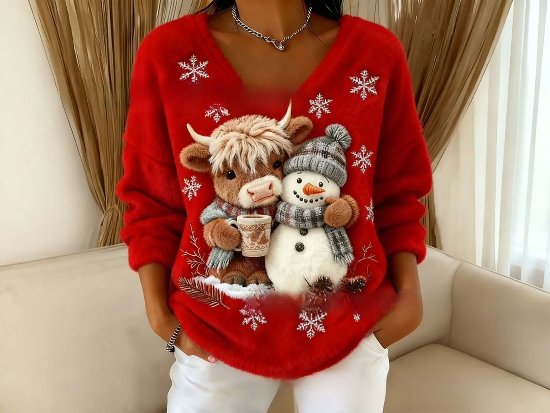 Fashionable Digital-Printed Christmas Women's V-Neck Sweater