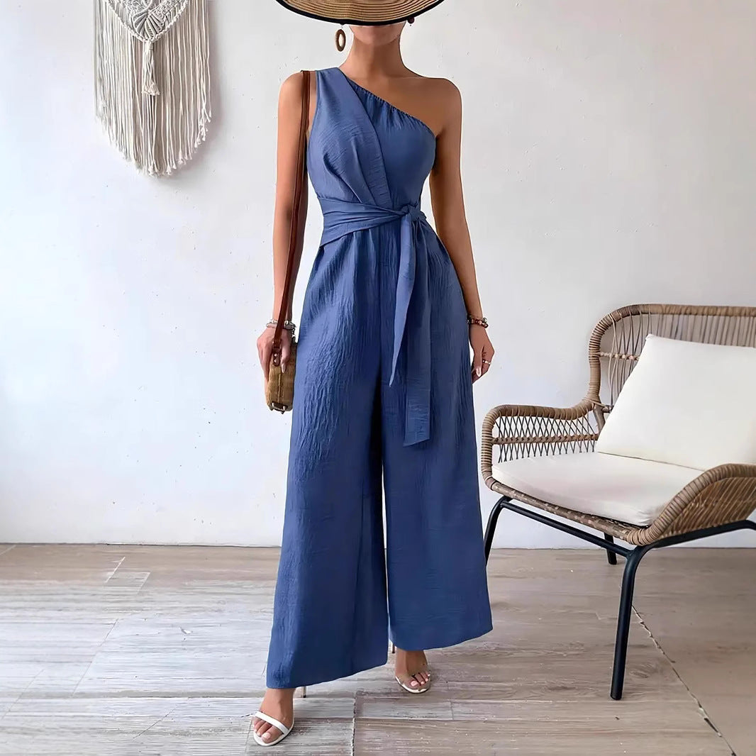 Women's Casual Wide-leg Jumpsuit With Shoulder Strap And Waist Tie