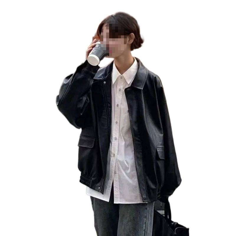 Women's Spring And Fall American Retro Loose Black Motorcycle Leather Jacket