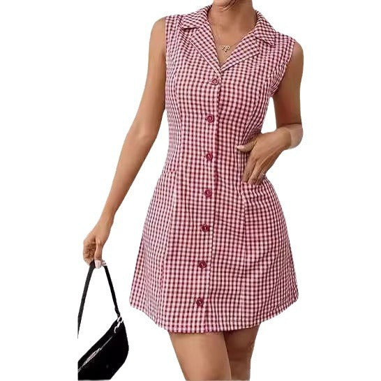 Chic French Plaid Lapel Dress with Vintage Retro Allure